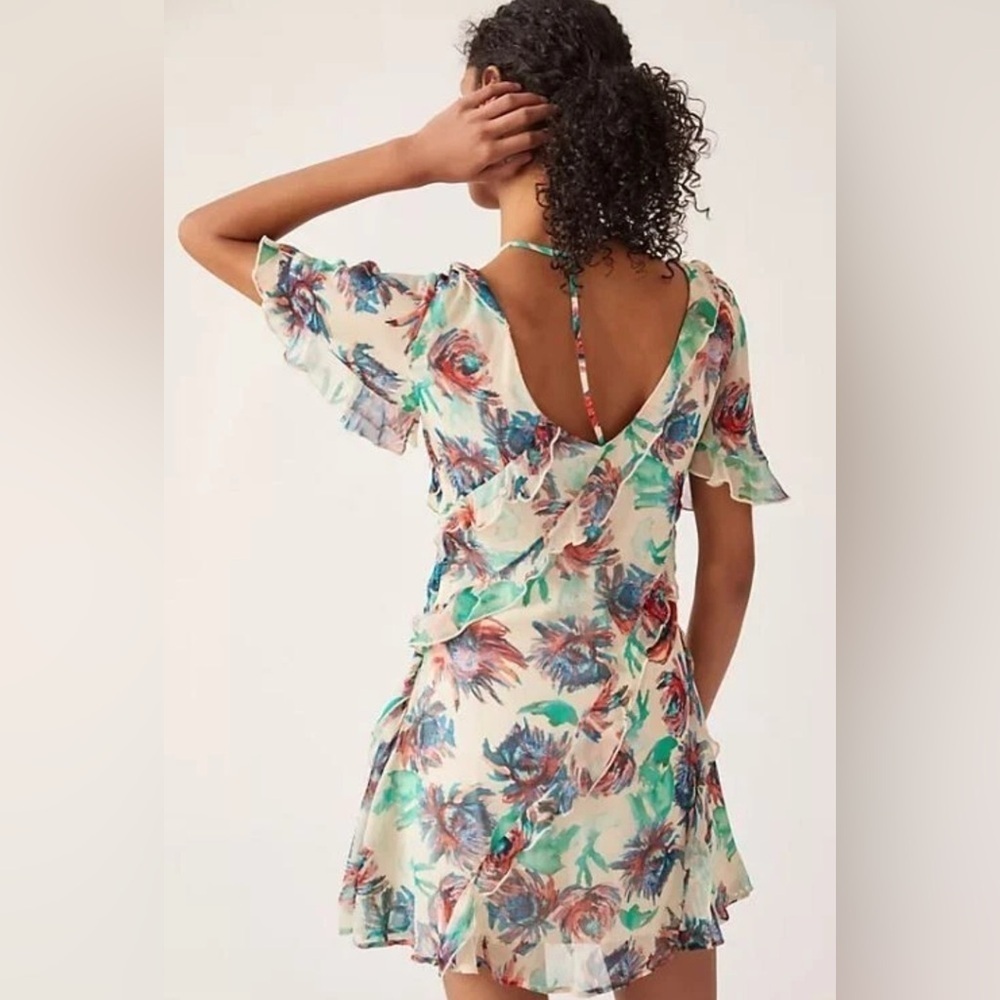 Anthropologie Soft Printed Mini Dress Ivory Floral Ruffled Lined XS NWT